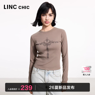 白色内搭FK077Y 长袖 LINC金羽杰上衣女新款 T恤女圆领印花修身