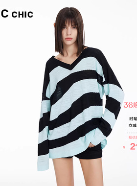 LINCCHIC金羽杰V领针织衫上衣女条纹清爽防晒针织罩衫女SW126Y