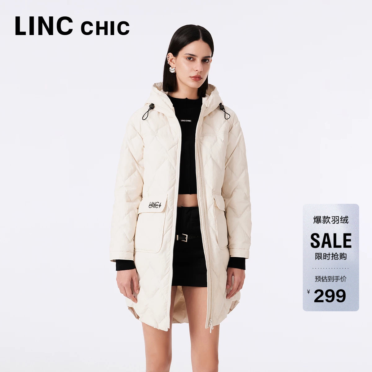 LINC金羽杰轻薄羽绒服女连帽中长款风衣羽绒服反季外套女6180图片