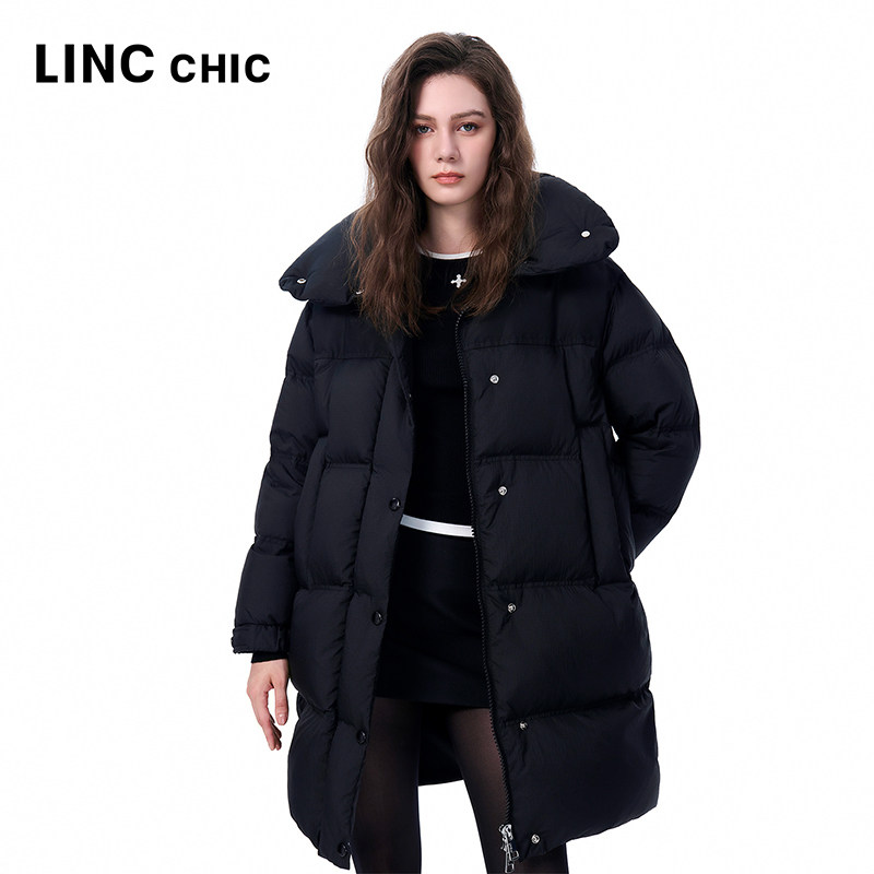 LINC金羽杰2025年冬新款鹅绒服加厚翻领大衣感中长款羽绒服女161G