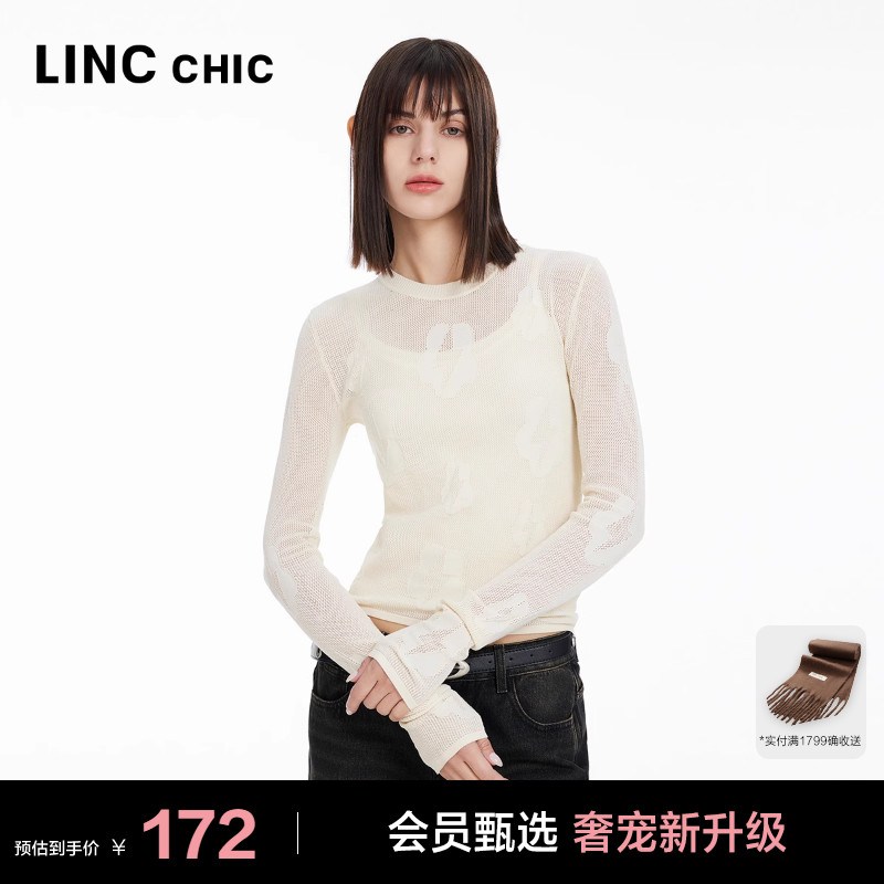 透视感修身提花针织衫