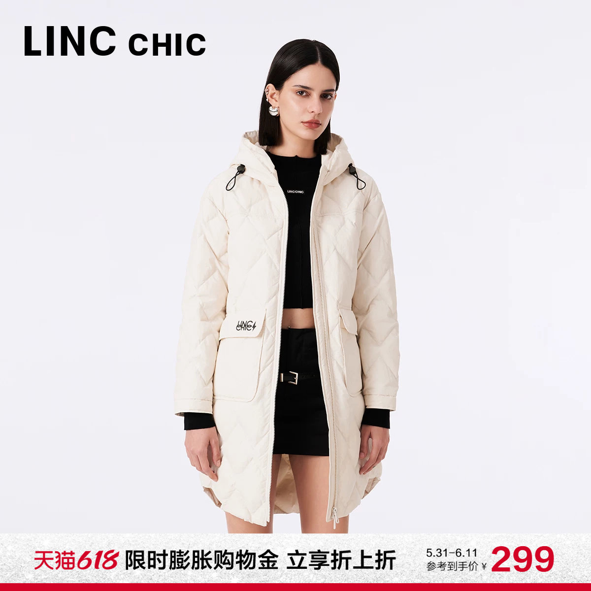 LINC金羽杰中长款轻薄羽绒服女反季轻薄羽绒服外套女Y23306180