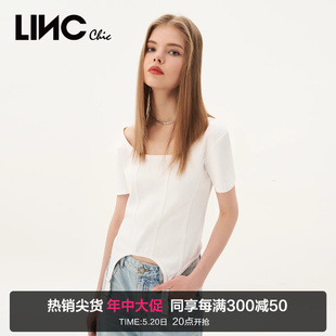 U领短袖 LINCCHIC金羽杰白色t恤女轻机能简约修身 女t恤S232FK155Y