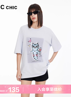 LINCCHIC金羽杰短袖上衣女廓形感圆领半袖印花大T恤女S242TS258Y