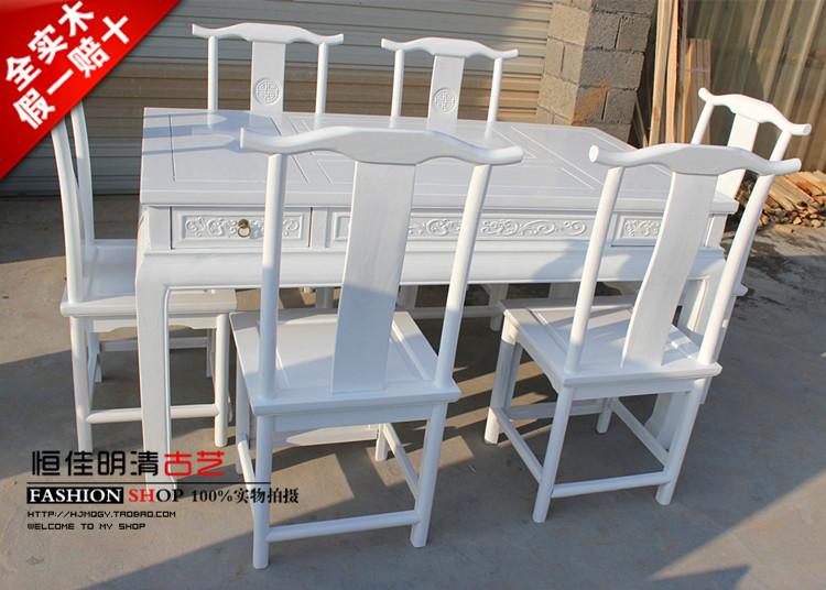法欧美式南榆木家具复古田园实木 白色功夫茶桌泡茶台餐桌椅组合