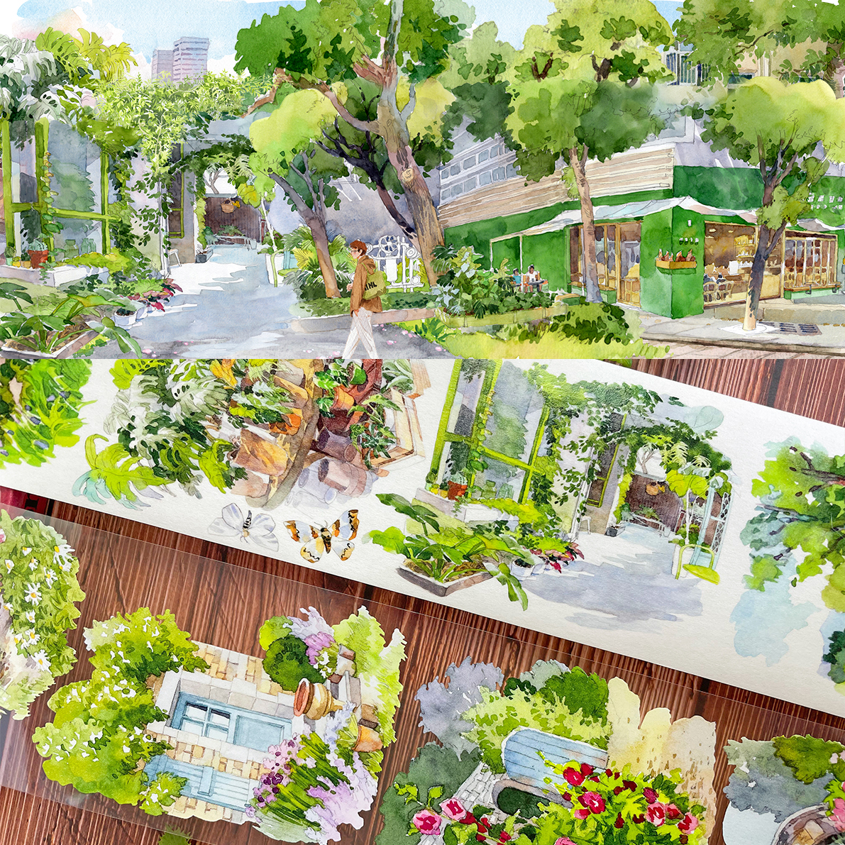 新款造景现货舟泊溪畔速写绿野NEW手帐和纸胶带PET房子树建筑贴纸