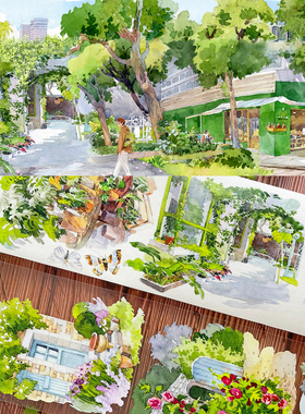 新款造景现货舟泊溪畔速写绿野NEW手帐和纸胶带PET房子树建筑贴纸