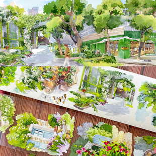 新款造景现货舟泊溪畔速写绿野NEW手帐和纸胶带PET房子树建筑贴纸