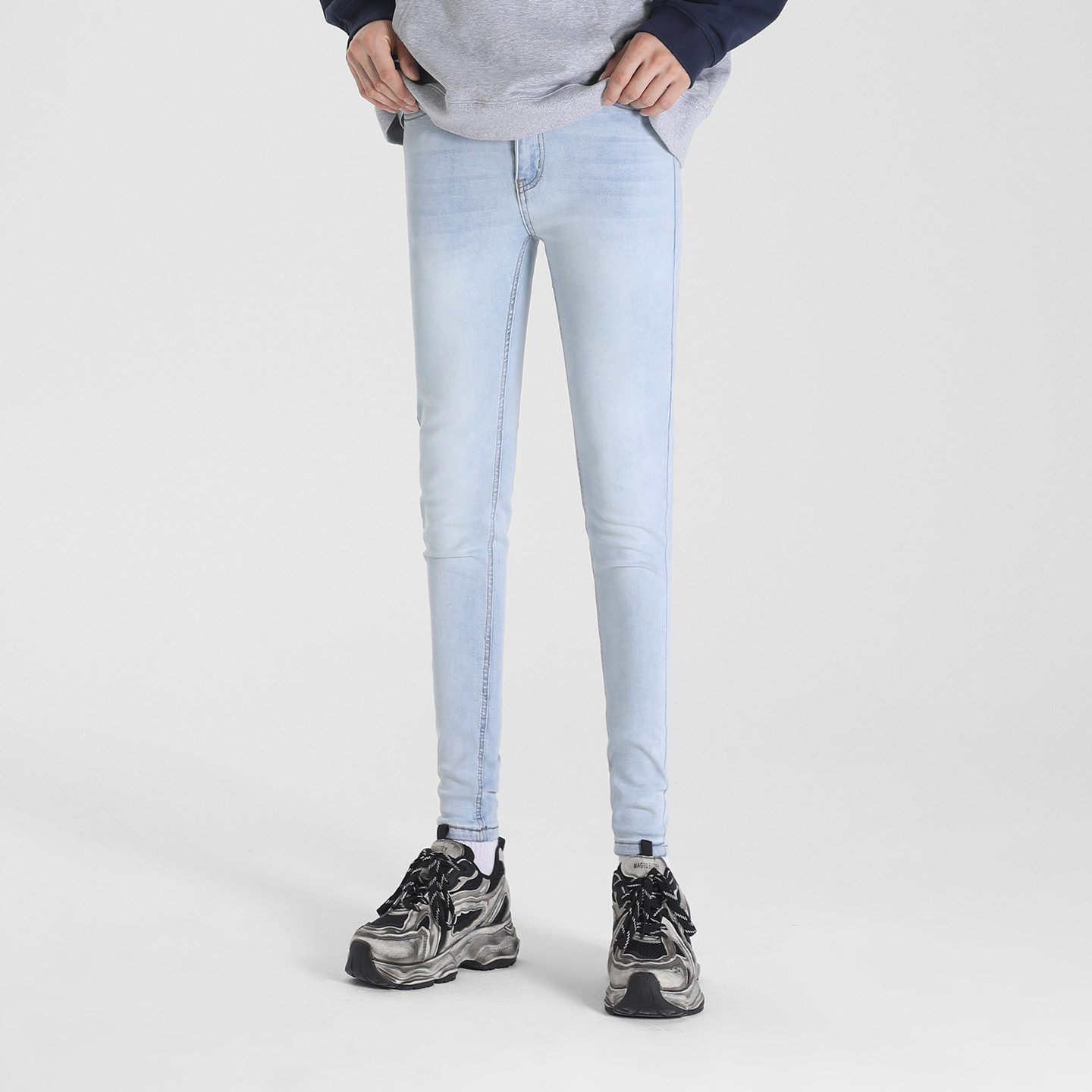 手工漂染浅蓝色高端弹力修身铅笔裤男装休闲小脚裤韩版潮牌牛仔裤