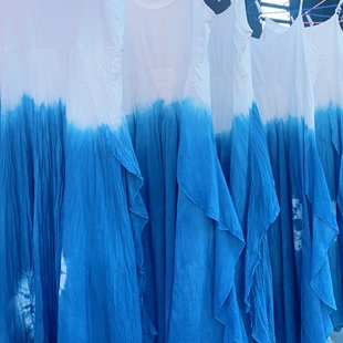 一澈赵丽颖扎染同款草木染手工植物染飘逸纯棉抽褶文艺吊带连衣裙