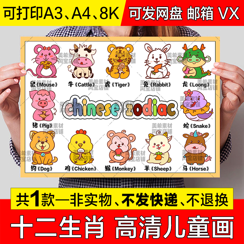 十二生肖英语儿童画手抄报chinese zodiac英文版涂色电子小报模板