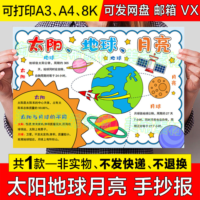 太阳地球和月亮手抄报模板电子版小学生认识太空宇宙行星小报线稿