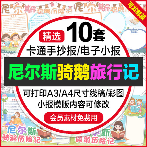 尼尔斯骑鹅旅行记电子小报模版中小学生读后感线稿手抄报a4模板a3