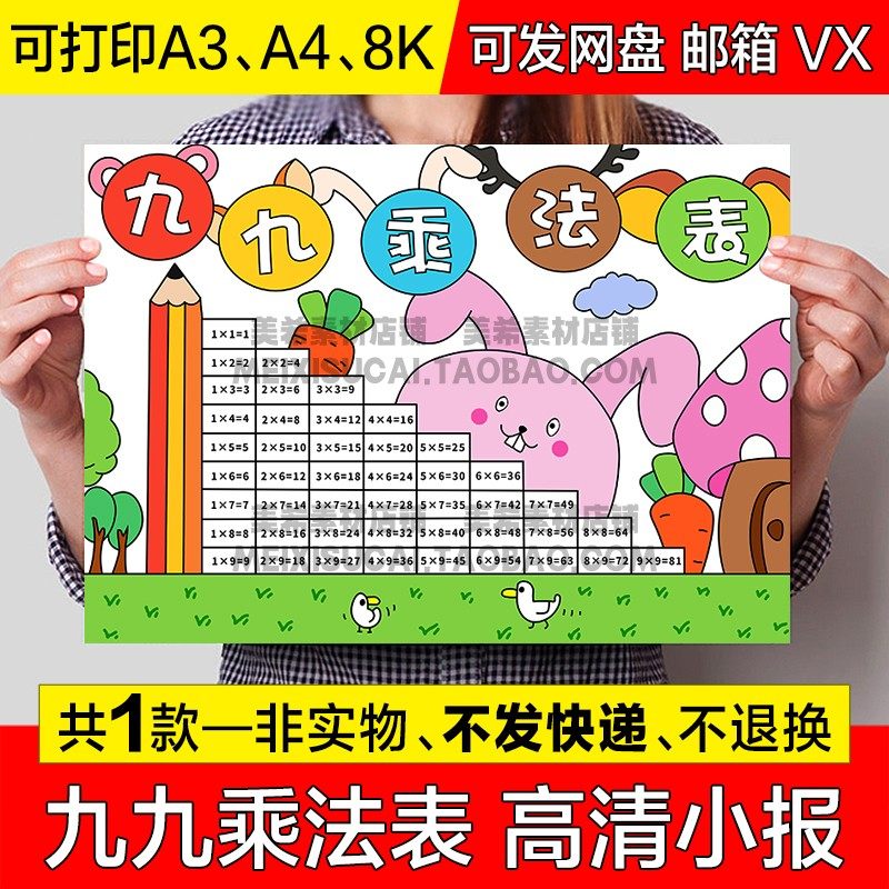 乘法口诀表儿童绘画手抄报九九乘法口诀表电子小报可涂色线稿模板