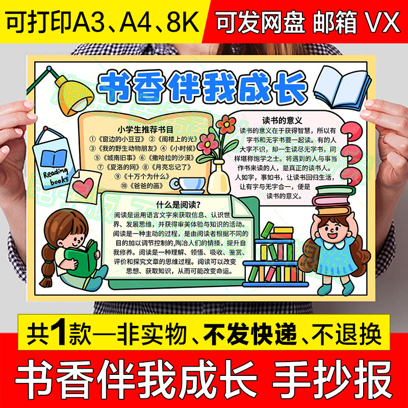 书香伴我成长手抄报小学生我爱读书阅读世界读书日电子版小报模板