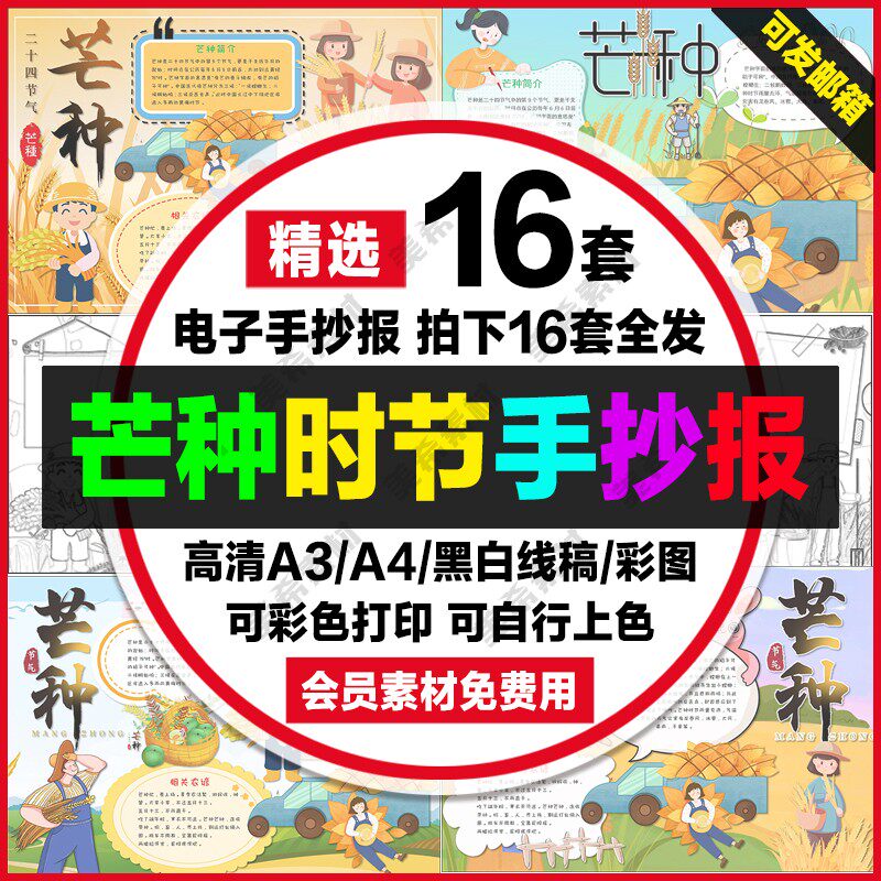 芒种节气电子小报模版小学生二十四节气手抄报a4线稿a3模板8k素材