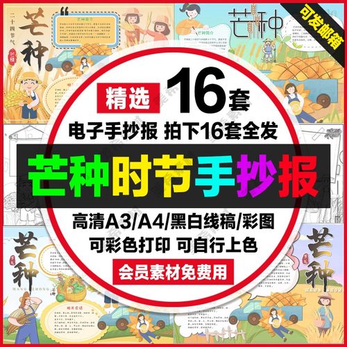 芒种节气电子小报模版小学生二十四节气手抄报a4线稿a3模板8k素材