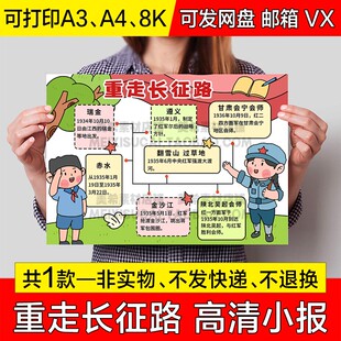 重走长征路手抄报小学生电子小报长征路线图思维导图a4线稿a3模板
