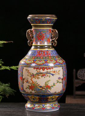 仿古中式瓷器珐琅彩开窗双耳花鸟赏瓶景德镇家居客厅陶瓷花瓶摆件