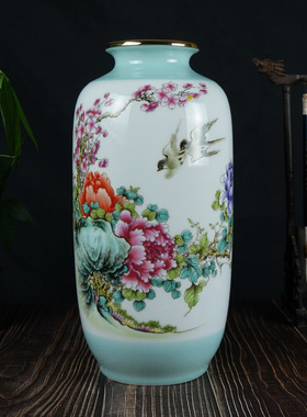 描金中式粉彩花瓶景德镇家居客厅花鸟陶瓷摆件博古架玄关工艺品