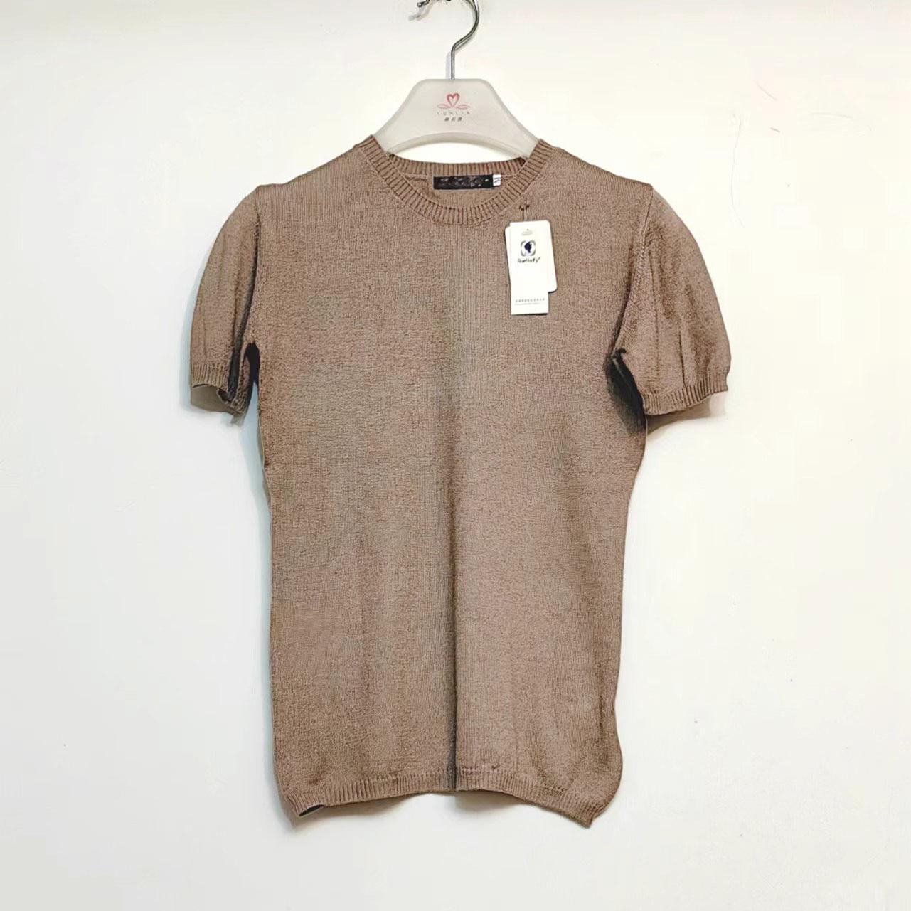 外贸精纺羊绒真丝混纺圆领针织衫套头衫薄款羊毛衫女卡其色BSG 中