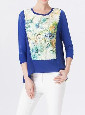 SE*ENA版宝蓝色拼接黄色雪纺上衣亮片钉珠宽松不规则中袖t恤女33