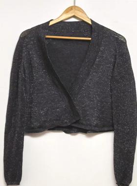全新外贸样衣深灰色夹银丝羊毛混纺针织开衫L码短外套春秋女装CF1