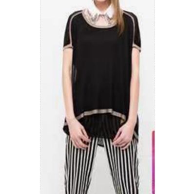 玛系列宽松版套头短袖圆领通勤针织上衣黑色拼接咖啡色女夏玛9