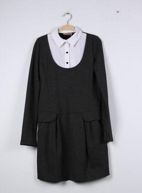 玛系列素家msfe翻领波点撞色连衣裙灰色白色假2件女2025春秋夏玛1