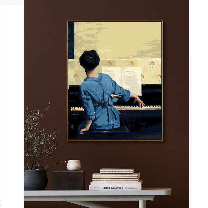 弹钢琴的女人数字油画diy油彩画小众轻奢文艺复古客厅装饰画 名画