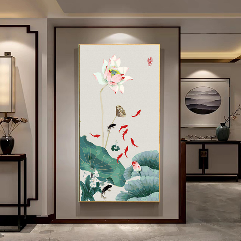 玄关装饰画九鱼图油彩画竖版客厅