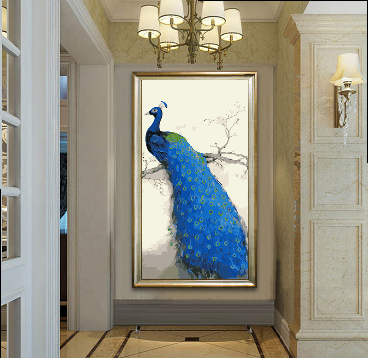大幅竖版DIY数字油画北欧客厅玄关画花鸟风景油彩画装饰画蓝孔雀图片