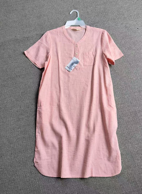 香港pinpai亚麻55%棉45%V领直筒中长款粉色点点有口袋连衣裙