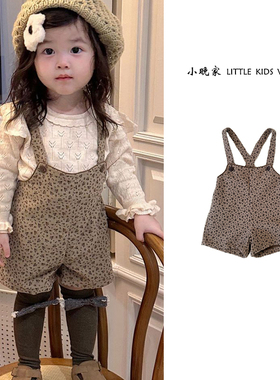 儿童宝宝复古棉质背带裤豹纹吊带短裤洋气百搭小飞袖针织毛衣套装