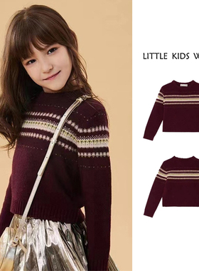 23秋冬BP新款儿童圆领酒红套头针织衫法式复古提花羊毛毛衣保暖