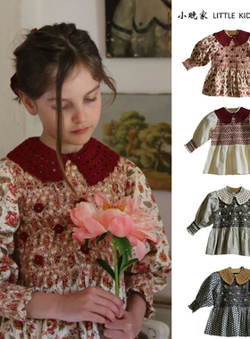25秋冬BJ同款女童复古碎花刺绣打揽衬衫裙轻奢法式翻领连衣裙甜美