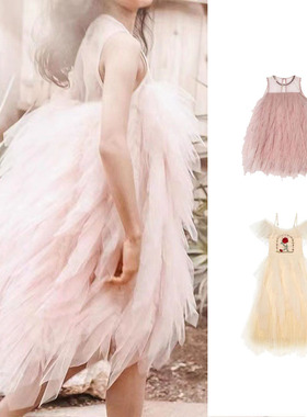 23春夏女童连衣裙蓬蓬裙舞会派对礼服公主蛋糕裙露肩吊带长裙ins