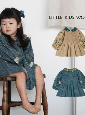 Bonjour同款女童泡泡长袖连衣裙法式复古碎花长裙手工绣花小清新