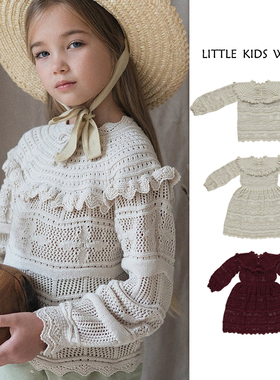 23秋冬女童纯棉针织套头衫法式时尚花边针织公主裙毛衣长裙