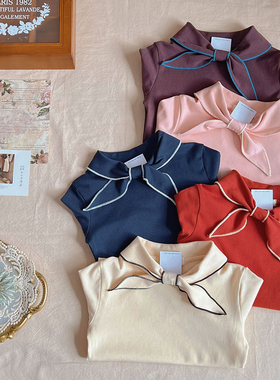 25秋冬MP同款女童宝宝复古卡通碎花打底衫绑带领T恤上衣ins