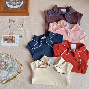 25秋冬MP同款女童宝宝复古卡通碎花打底衫绑带领T恤上衣ins