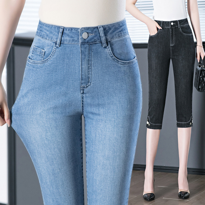 夏季七分牛仔裤女薄款2025新款国风小个子  高腰修身显瘦小脚中裤