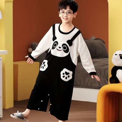 防踢连体男童睡衣纯棉长袖中大童熊猫少男宽松春秋冬男孩家居服