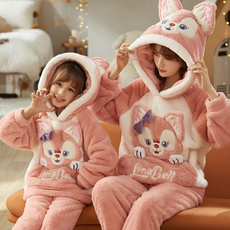 加厚珊瑚绒母女睡衣公主儿童亲子装秋冬法兰绒女童家居服大童套装