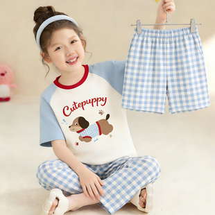 腊肠狗可爱中大童女孩薄款 三件套夏季 家居服 长裤 女童睡衣纯棉短袖