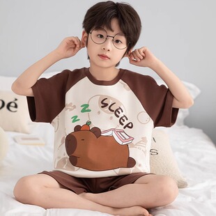 2025新款男童夏季睡衣套装纯棉短袖薄款男孩卡皮巴拉中大童家居服