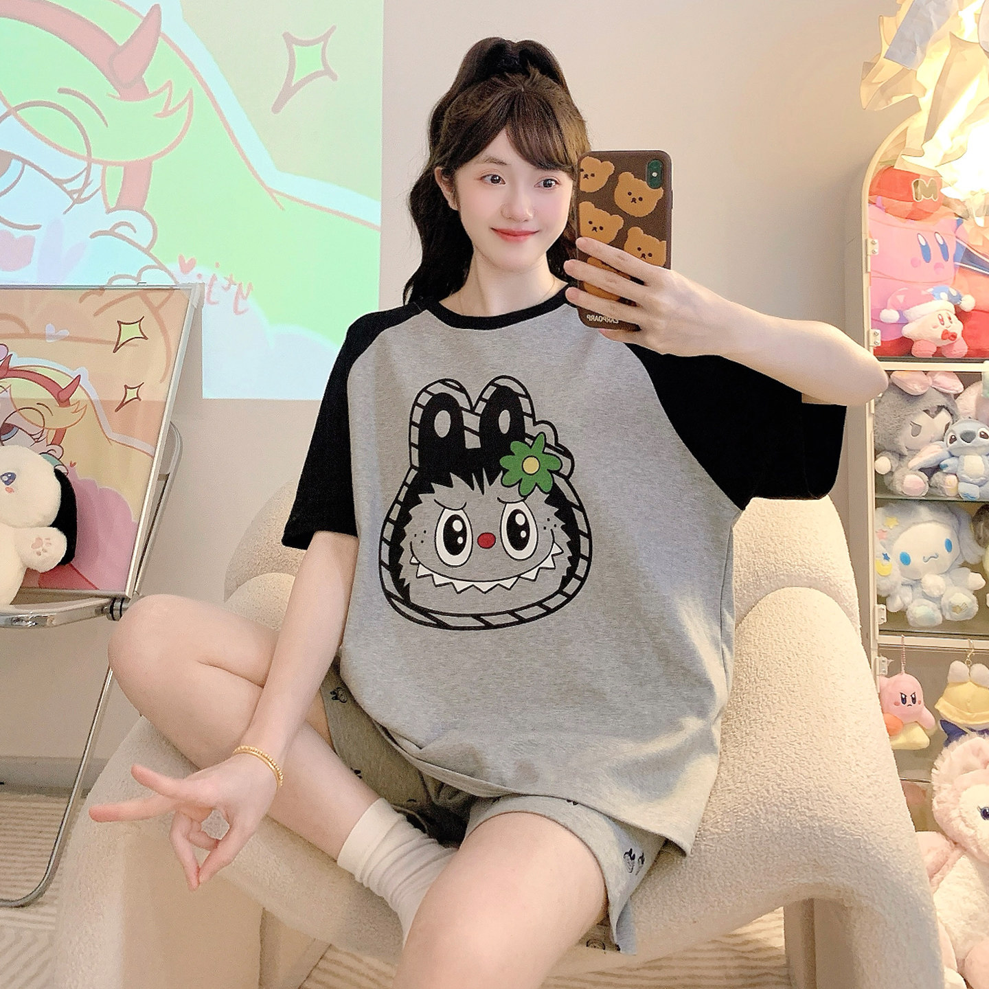 拉布布少女睡衣夏季短袖薄款纯棉大童初中生女孩可外穿家居服套装 - 实物图