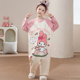 美乐蒂女童连体睡衣儿童春秋纯棉长袖家居服小孩中大童空调服防踢