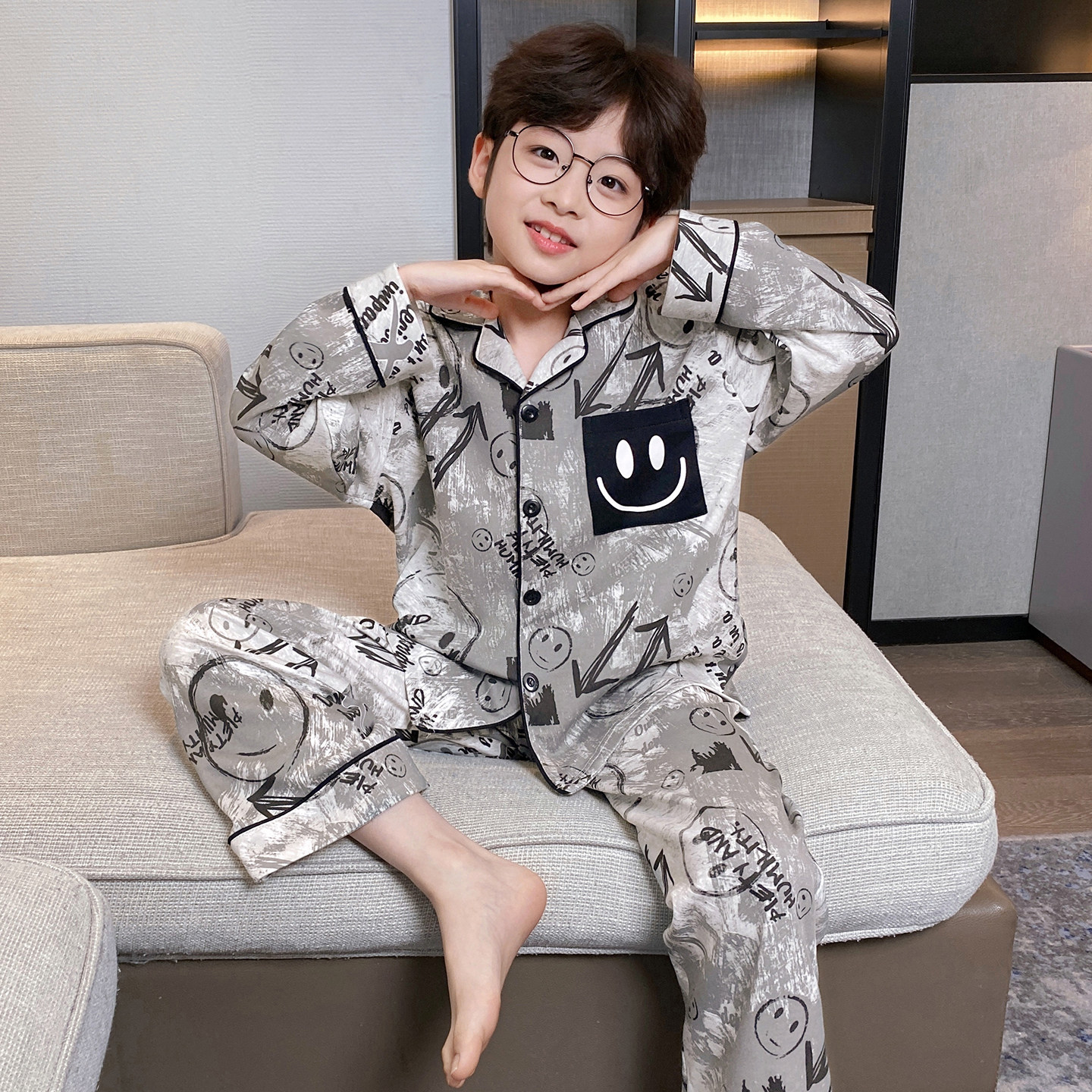 男童睡衣春秋季纯棉长袖2026新款中大童男孩韩版洋气家居服套装潮