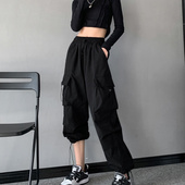 裤 女美式 宽松跳舞裤 黑色炸街工装 子复古多口袋高腰百搭束脚休闲裤